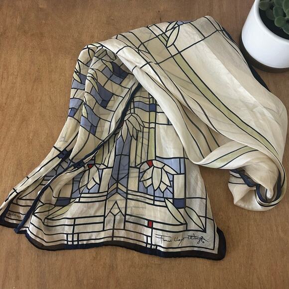 Classic Frank Lloyd Wright 100% Silk Scarf Blue stain glass pattern, rectangle